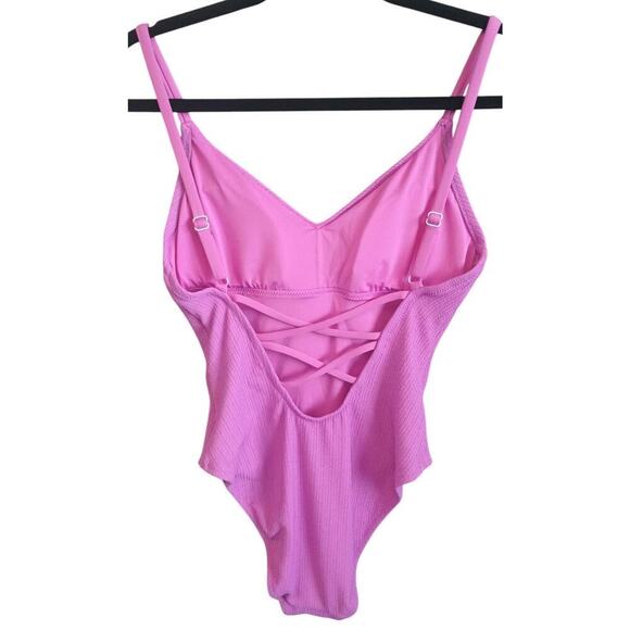 Sanctuary Swim High Leg Scoop One Piece Ribbed Swimsuit color Fuchsia size Small - Picture 4 of 11